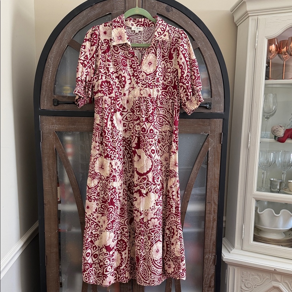 Umgee Red and Cream Floral Midi Dress